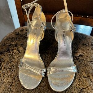 Stuart Weitzman Metallic Silver Ankle Strap Sky High Designer Heels, Size 9